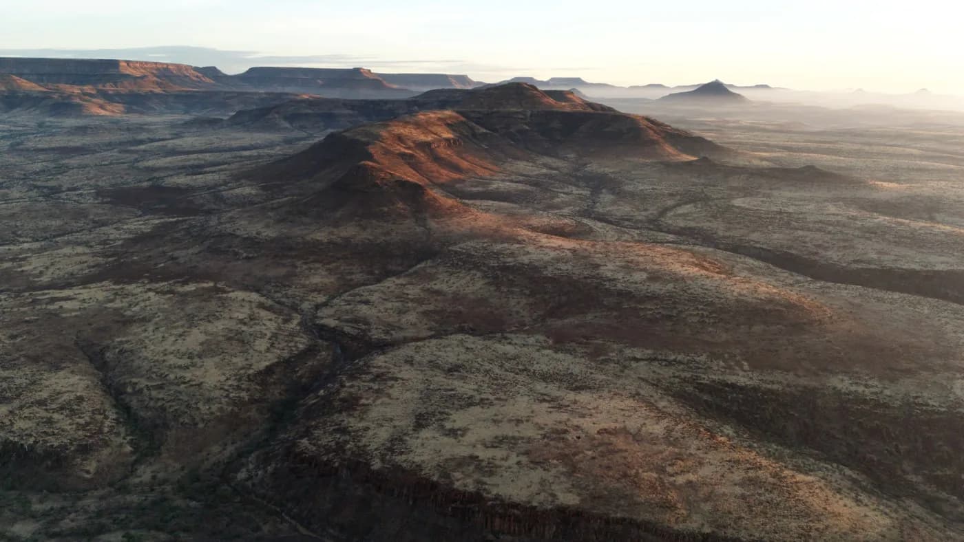Layered mesas and open valleys in broad Damaraland morning light