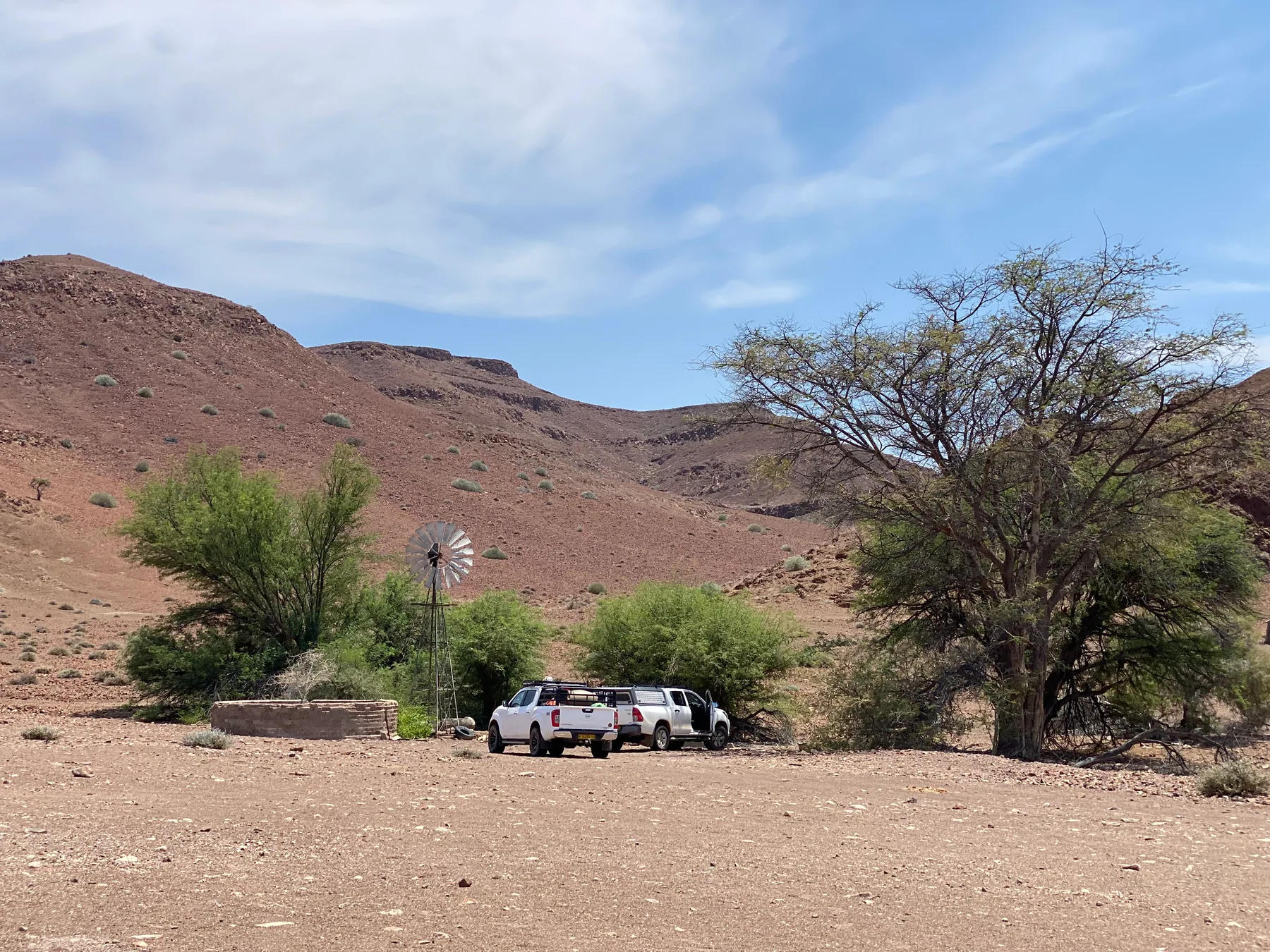 Safari vehicles and a camping setup shaded by trees in a dry landscape
