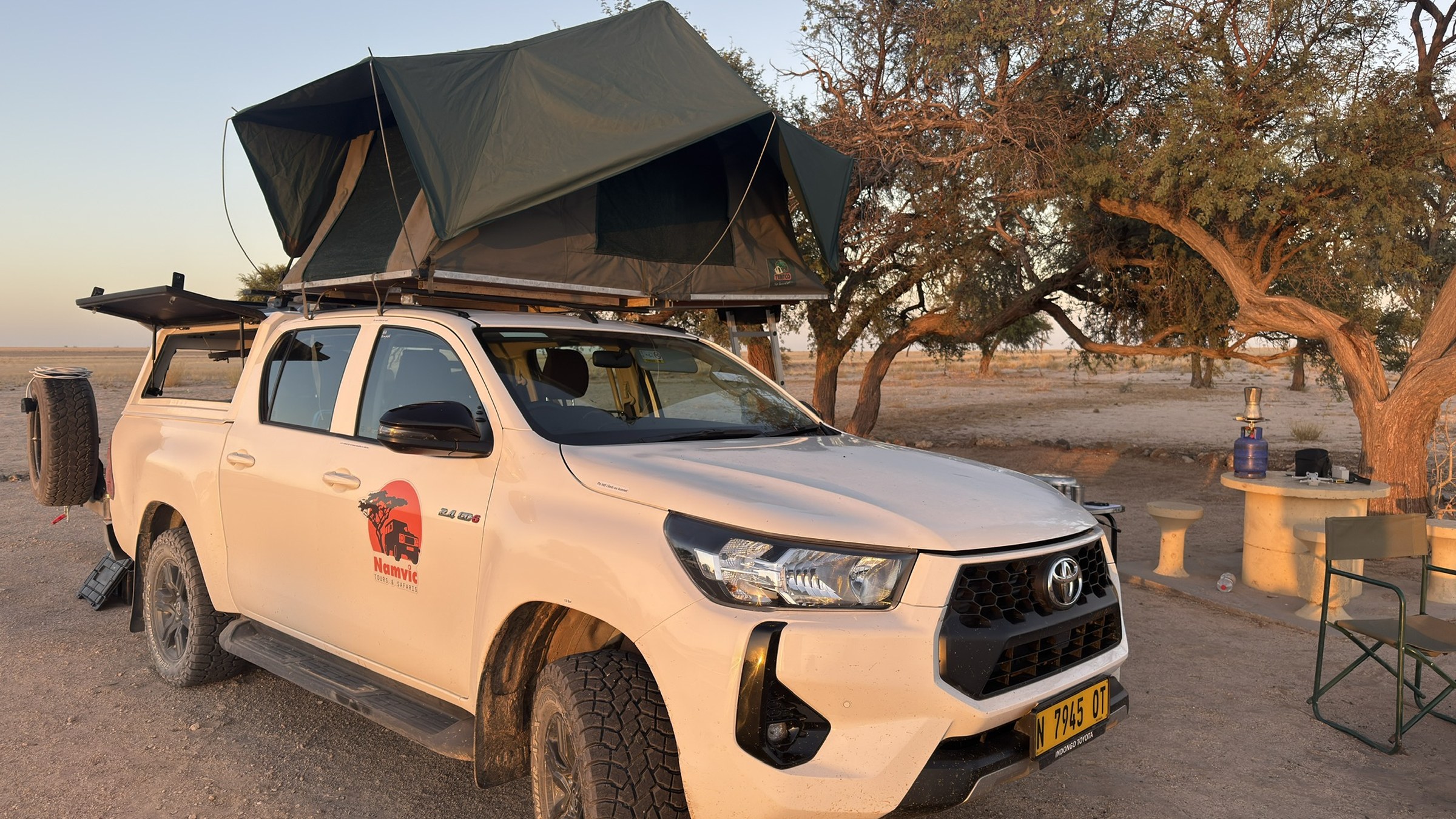 Toyota Hilux Double Cab with Namvic camping setup in Namibia